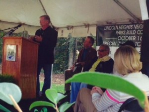 Kevin Cook of Playworld Systems speaking at Lincoln Heights