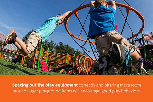 spacing out the play equipment correctly and offering more room around larger items will encourage good play behavior