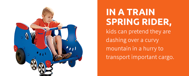 In a train spring rider, kids can pretend they are dashing over a curvy mountain in a hurry to transport important cargo.